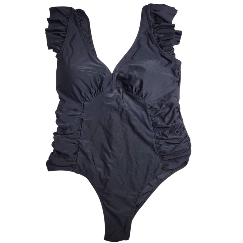 Blooming Jelly One Piece Swimsuit XXL 2XL Black Ruffles Ruched Sides V-Neck NWT